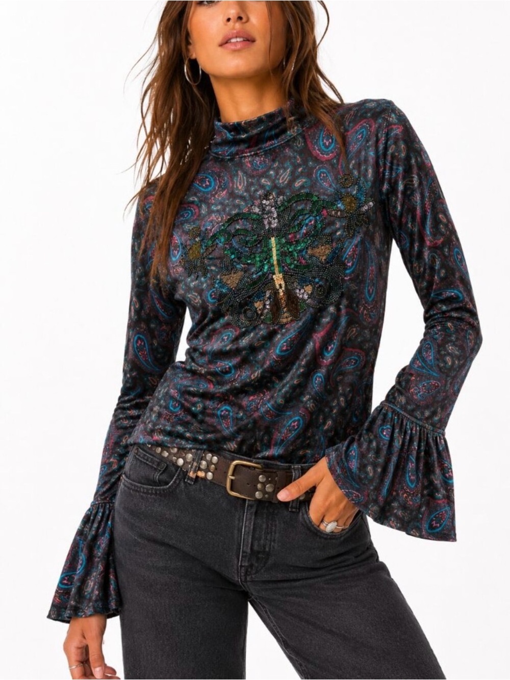 We The Free Le Amour Velvet Paisley Embellished Bell Sleeve Top Womens Medium